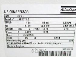 2016 Atlas Copco Oil Free Air Compressor SF8 FF, WITH AIR DRYER INTEGRATED