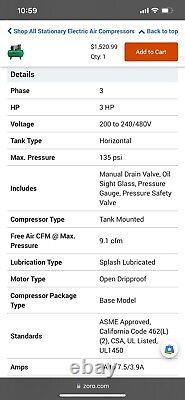 LOCAL PICK UP ONLY SACRAMENTO COOL CA. SPO4B237 3 HP 200-240VAC, 480VAC 30 Gal