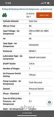 LOCAL PICK UP ONLY SACRAMENTO COOL CA. SPO4B237 3 HP 200-240VAC, 480VAC 30 Gal